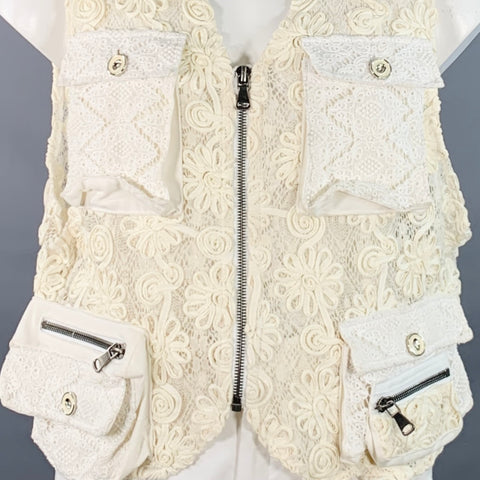EARTHLING VIP Size L Beige White Lace Oversized Cargo Pockets Vest