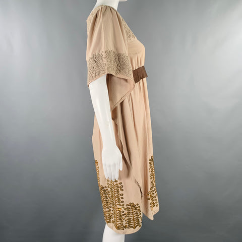 COSMIC WONDER Taille S Kaki Beige Robe Oversize Brodé en Soie Coton