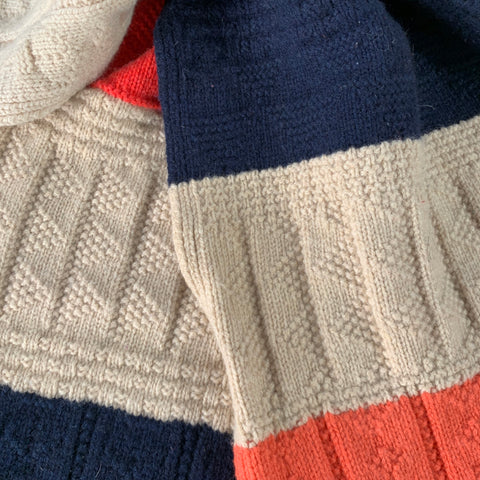 DRAKES LONDON Navy Beige Red Color Block Lambswool Knit Scarf