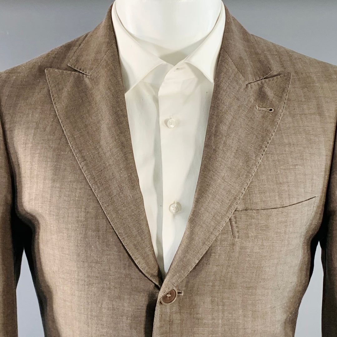 BRUNELLO CUCINELLI Size 38 Brown Herringbone Linen Wool Silk Peak Lapel Suit