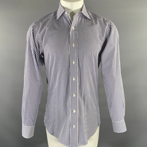 HAMILTON Size S White Navy Stripe Cotton Spread Collar Long Sleeve Shirt