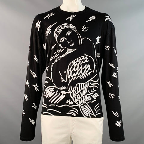 CARNE BOLLENTE Size XXL Black White Merman Print Lyocell Blend Crew Neck Pullover