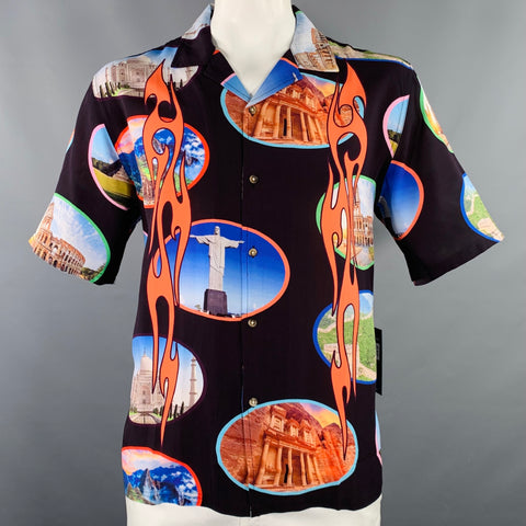 Chemise PLEASURES Taille XL 7 Wonders Multicolore Imprimé Rayonne Manches Courtes Style Camp
