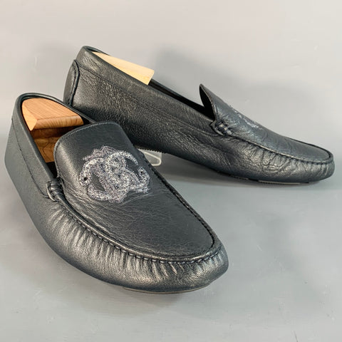 ROBERTO CAVALLI Size 11.5 Navy Silver Logo Embroidery Leather Drivers Loafers