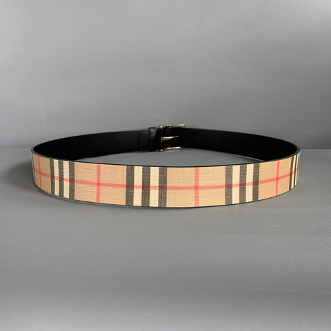 Ceinture en Cuir Motif Écossais Argent et Beige BURBERRY Taille 40