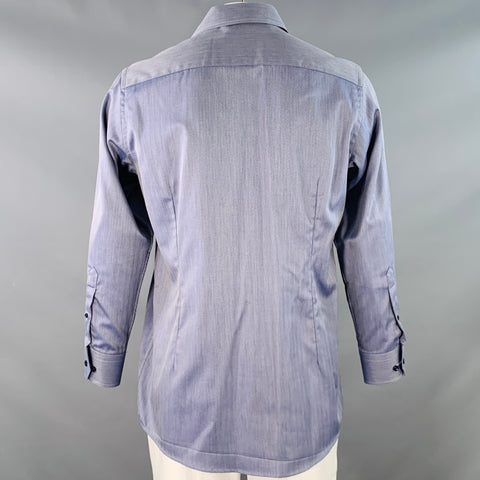 ETON Size L Navy White Herringbone Twill Cotton Curved Cutaway Long Sleeve Shirt