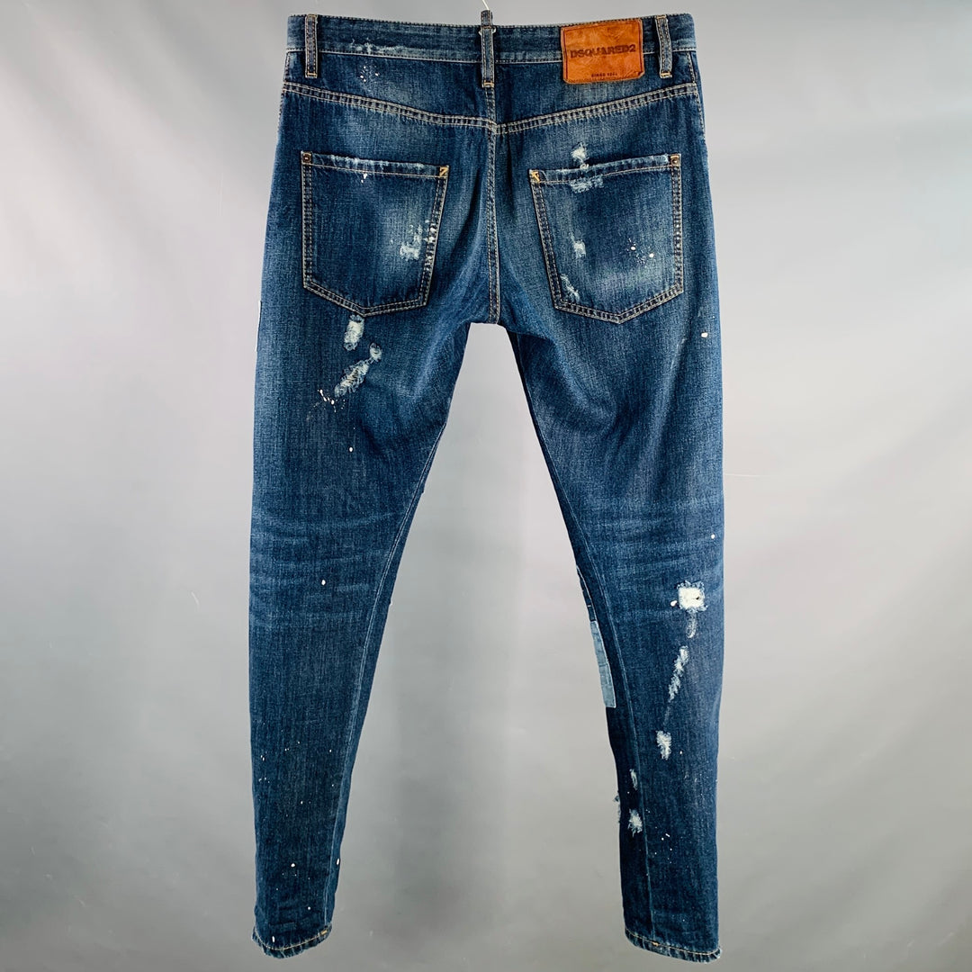 DSQUARED2 Size 32 Indigo Sashiko Distressed Denim Button Fly Jeans
