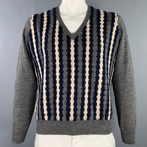 DRIES VAN NOTEN Size XL Grey Navy Cream Stripe Wool V-Neck Pullover
