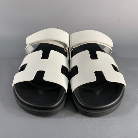 HERMES Size 9 White Black Leather Rubber Sole Sandals
