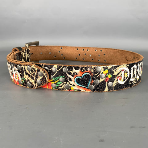 ED HARDY Size XS Black White Floral Leather Belt
