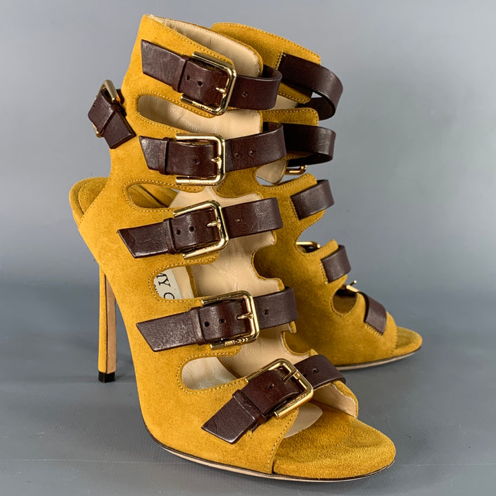 JIMMY CHOO Size 4.5 Yellow Brown Suede Buckle Stiletto Cage Boots