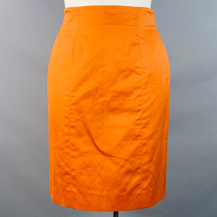 YVES SAINT LAURENT Size 10 Orange Cotton Linen Back Zipper Pencil Skirt