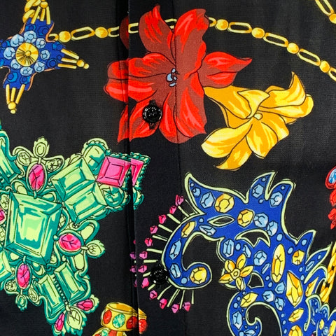 VERSACE SS19 Size S Black Multi Color Floral Silk Pointed Collar Long Sleeve Shirt