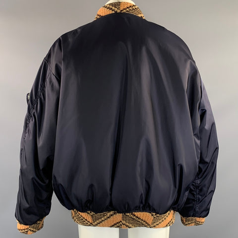 PRADA FW2021 Size S Navy Tan Knit Nylon Bomber Coat