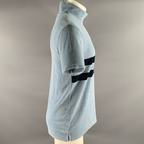 RON DORFF Size M Blue Navy Stripe Cotton Blend Terry Zip Mock Neck Short Sleeve Polo
