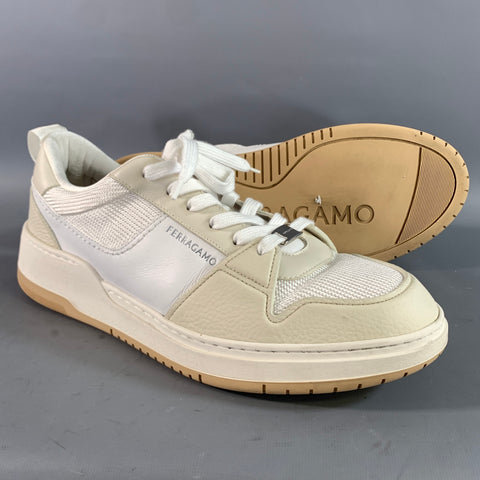 SALVATORE FERRAGAMO Size 12 White Beige Leather Lace Up Sneakers