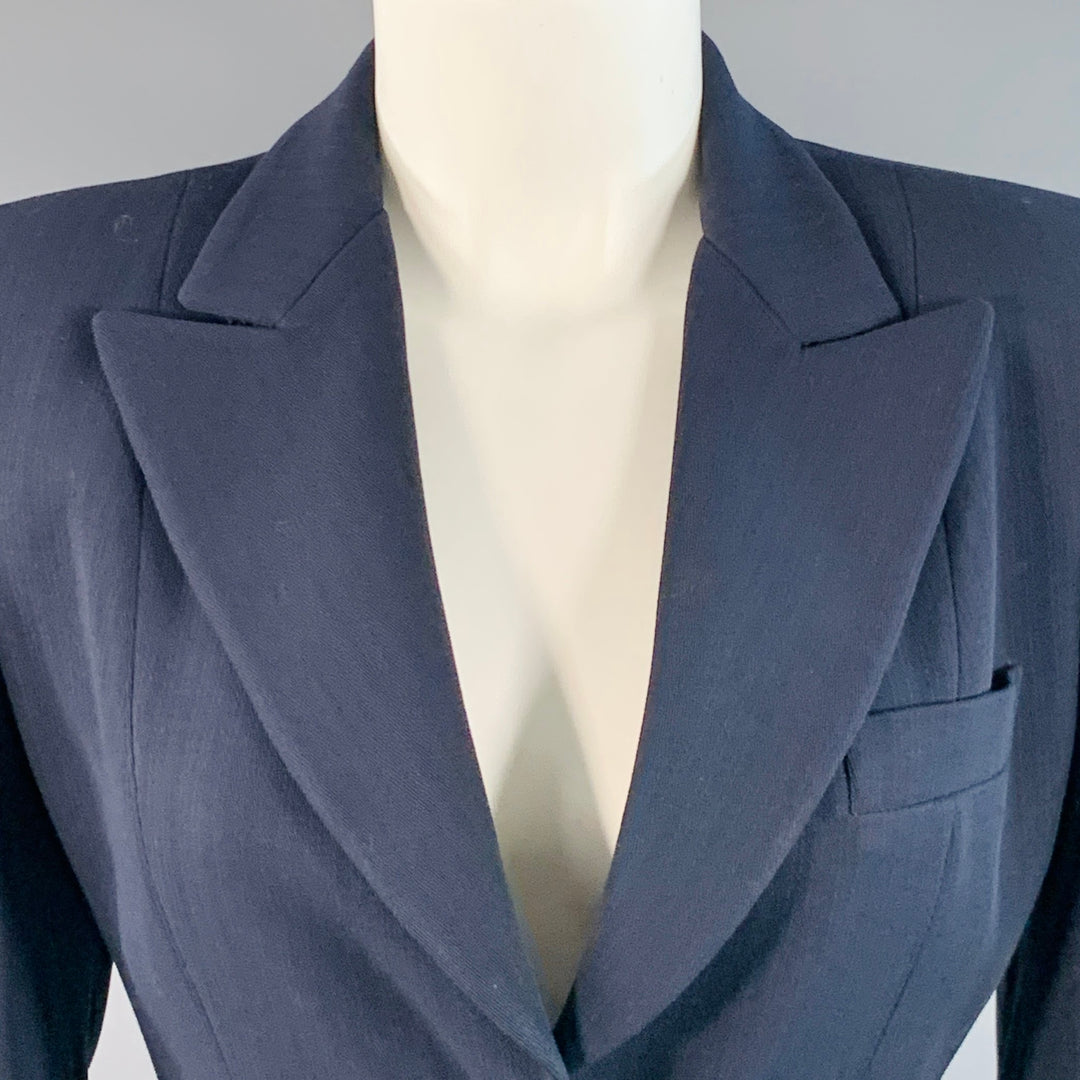 EMPORIO ARMANI Size 4 Navy Wool Blend Stripe Single Button Jacket Blazer
