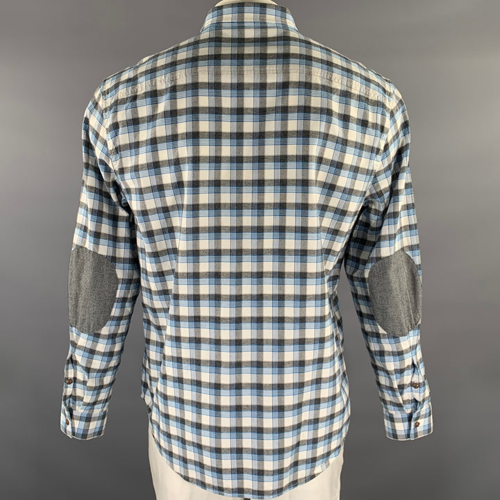 ATM Size L Gray Blue Plaid Cotton Elbow Patches Long Sleeve Shirt