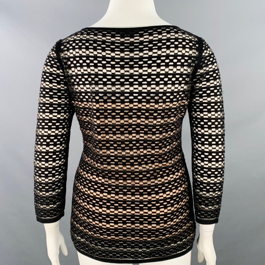 ESCADA Size L Black Nude Viscose Blend Textured Stripe 3/4 Sleeves Scoop Neck Casual Top