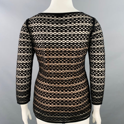 ESCADA Taille L Noir Nude Mélange Viscose Rayures Texturées Manches 3/4 Col Rond Top Décontracté