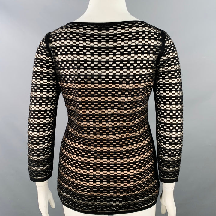 ESCADA Size L Black Nude Viscose Blend Textured Stripe 3/4 Sleeves Scoop Neck Casual Top