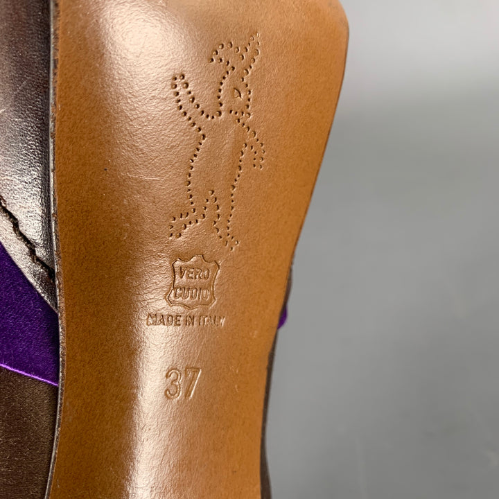 MARNI Size 7.5 Bronze Purple Satin Stripe Round Toe Pumps