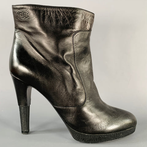 CHANEL Size 10 Black Leather Platform Heel Boots