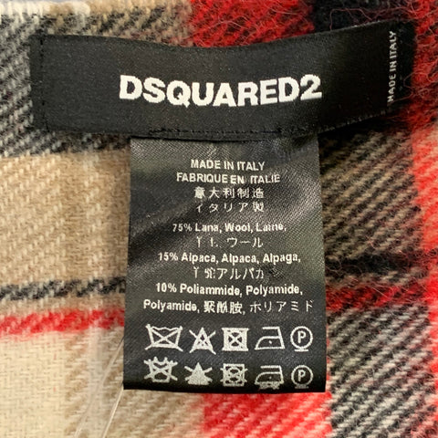DSQUARED2 Red Black White Plaid Wool Blend Fringe Scarf