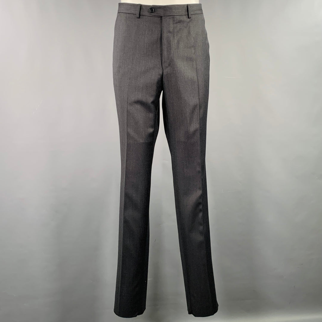 NEIMAN MARCUS Size 40 Grey Charcoal Nailhead Virgin Wool Suit