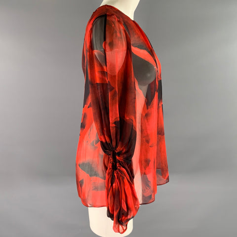 RALPH LAUREN Size S Red Black Abstract Chiffon Blouse
