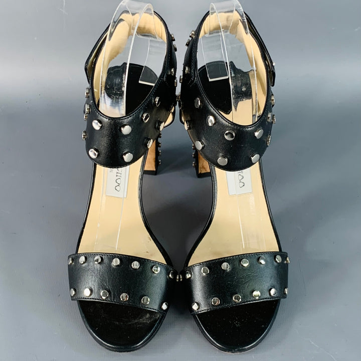 JIMMY CHOO Size 7 Black Leather Studded Snaps Sandals