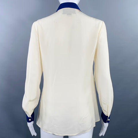 GUCCI Size 2 Cream Red Blue Silk Embellishment Pussybow Honeybees Blouse