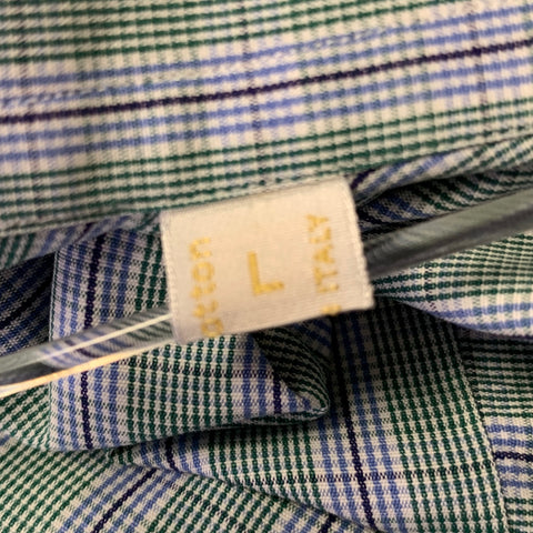 BRIONI Size L Green Blue White Plaid Cotton Long Sleeve Shirt