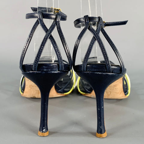 OSCAR DE LA RENTA Size 7 Navy Yellow Leather Strappy Sandals