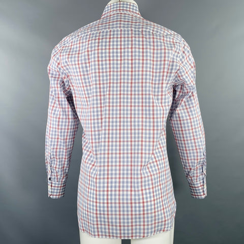 ISAIA Size M Burgundy White Blue Plaid Cotton Spread Collar Long Sleeve Shirt