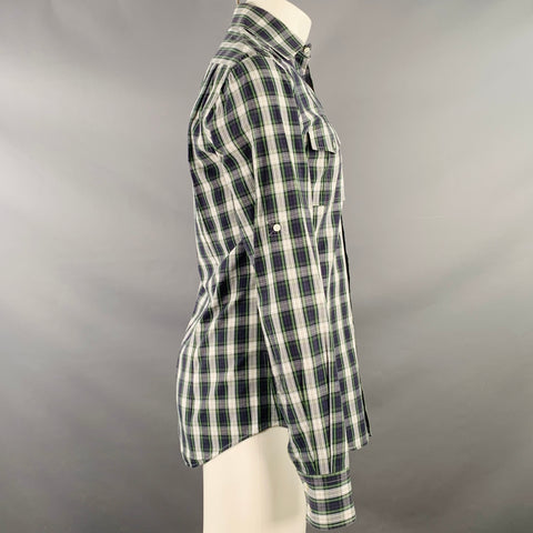 MICHAEL BASTIAN Size S Navy White Green Plaid Cotton Roll Tab Long Sleeve Shirt