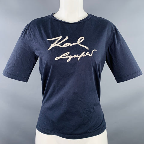 KARL LAGERFELD Size M Navy White Cotton Embroidered Logo Crew Neck T-Shirt