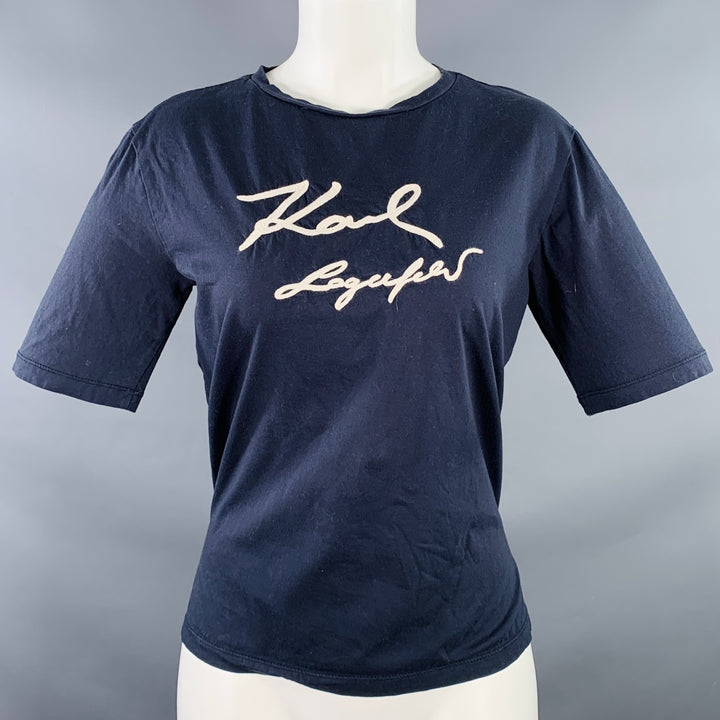 KARL LAGERFELD Size M Navy White Cotton Embroidered Logo Crew Neck T-Shirt