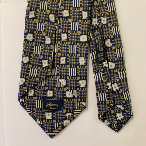 BRIONI Navy Beige Geometric Silk Tie