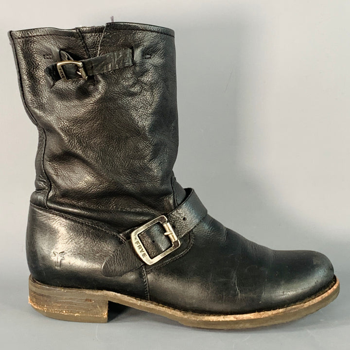 FRYE Size 10 Black Leather Calf High Pull On Belted Boots