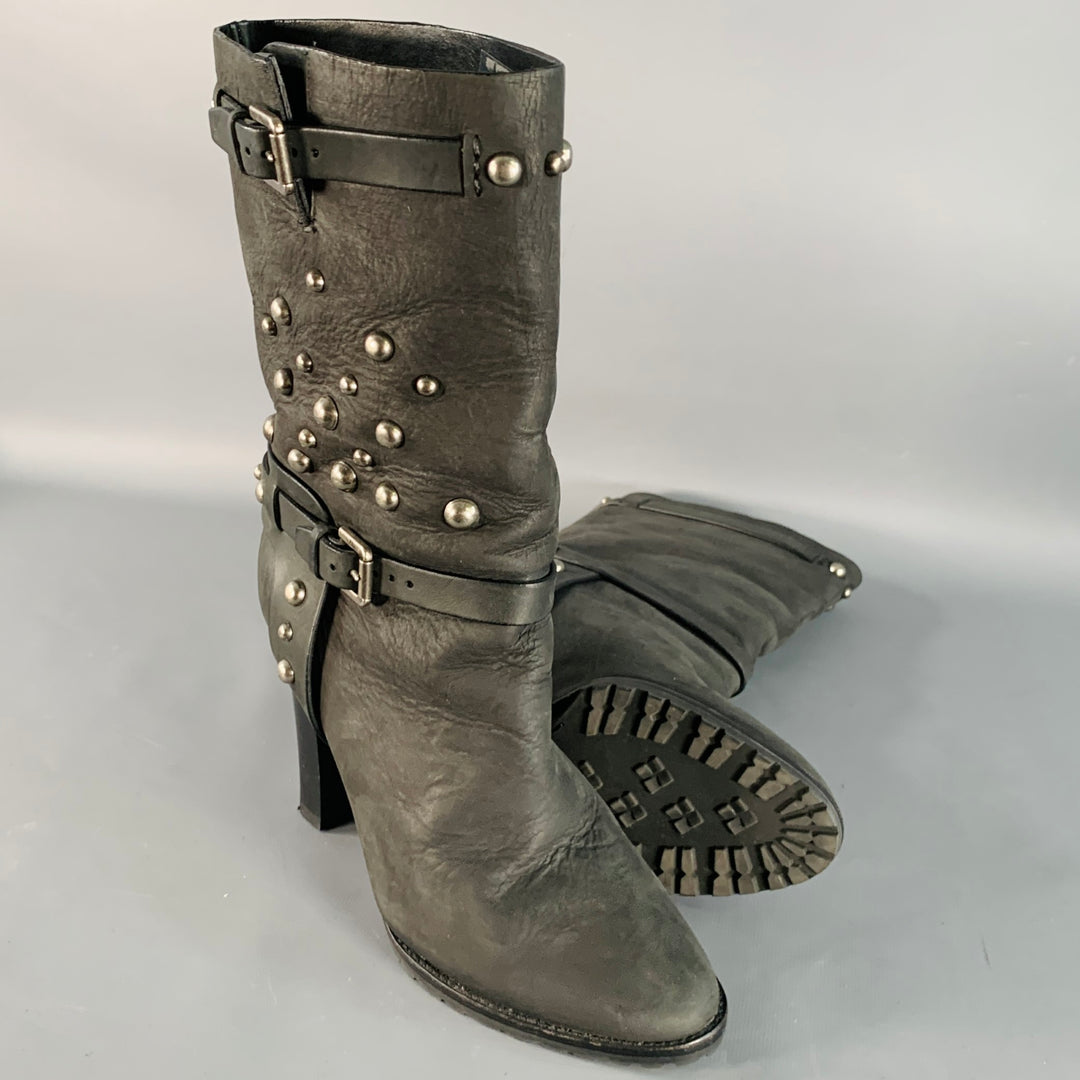 RALPH LAUREN COLLECTION Size 8.5 Black Studded Stacked Heel Pull On Boots