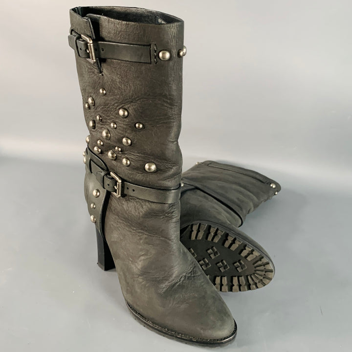 RALPH LAUREN COLLECTION Size 8.5 Black Studded Stacked Heel Pull On Boots