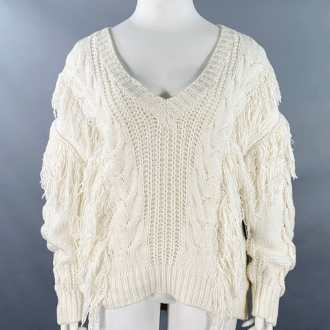 IRO Size XL Cream Cotton Blend Cable Knit Fringe Oversized V-Neck Sweater