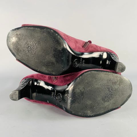 CHANEL Size 8.5 Burgundy Suede Peep Toe Side Zipper Ankle Boots