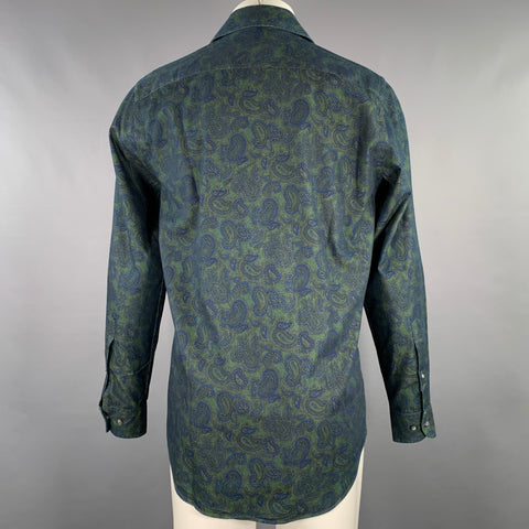 PAUL STUART Size M Green Blue Paisley Cotton Spread Collar Long Sleeve Shirt