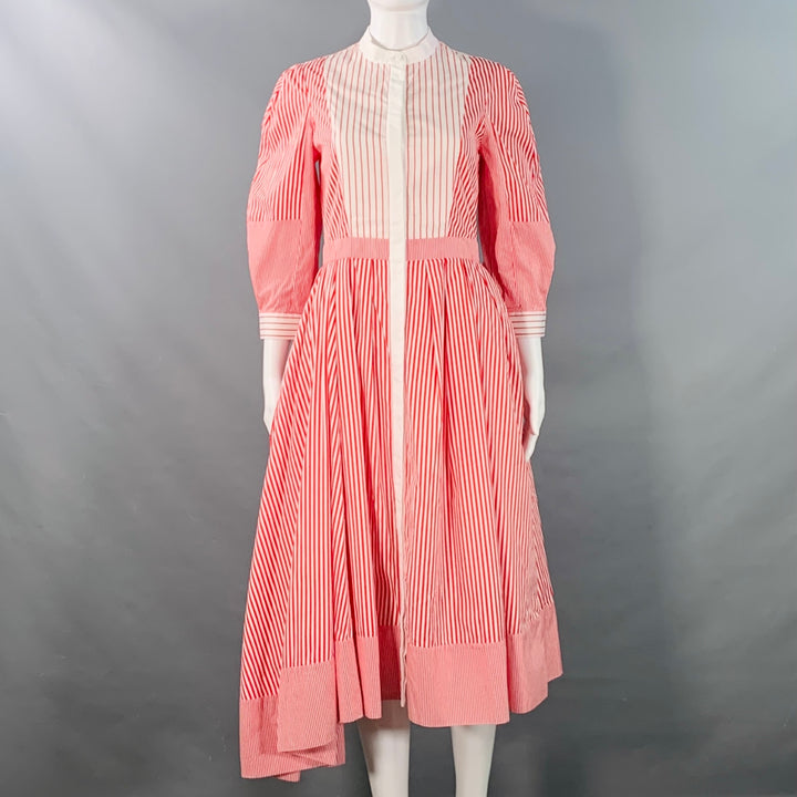 ALEXANDER MCQUEEN Size 2 Red White Cotton Stripe Collarless Asymmetrical A-Line Dress