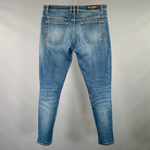 BALMAIN Size 32 Blue Contrast Stitch Cotton Blend Button Fly Jeans