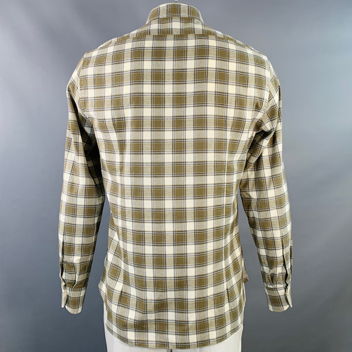 BOGLIOLI Size L Cream Olive Plaid Cotton Twill Spread Collar Long Sleeve Shirt