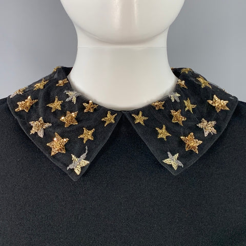VALENTINO Size M Black Gold Viscose Blend Stars Applique Short Sleeve Dress