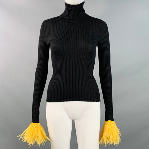 LA DOUBLEJ Size S High Kick Black Yellow Cashmere Silk Knit Turtleneck Ostrich Feathers Dress Top